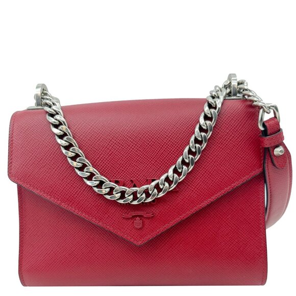 Prada Handbags - Prada  Monochrome Small Calfskin Saffiano Leather Chain Shoulder Bag Red